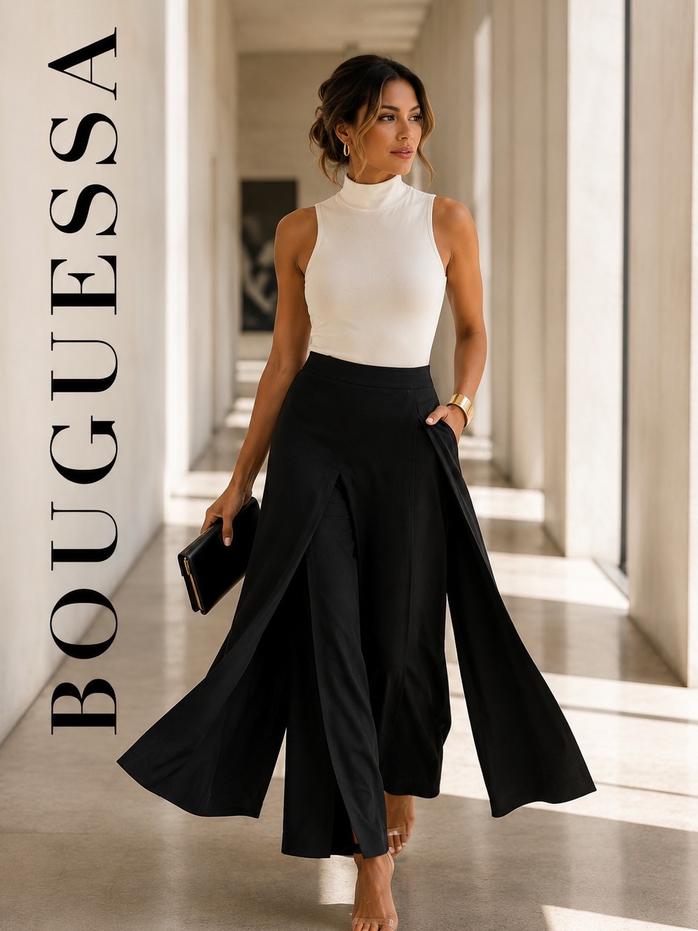 Bouguessa Architectural Tri Panel Overlay Palazzo Pants Black Wide Leg Size Medi